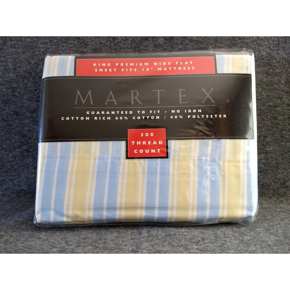 Martex King Premium Wide Flat Sheet Serenity Stripe‎ Soft Yellow Blue 300TC NOS